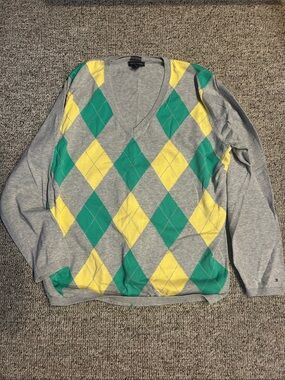 Tommy Hilfiger Gray V-Neck Argyle Sweater with Green and Yellow Diamonds